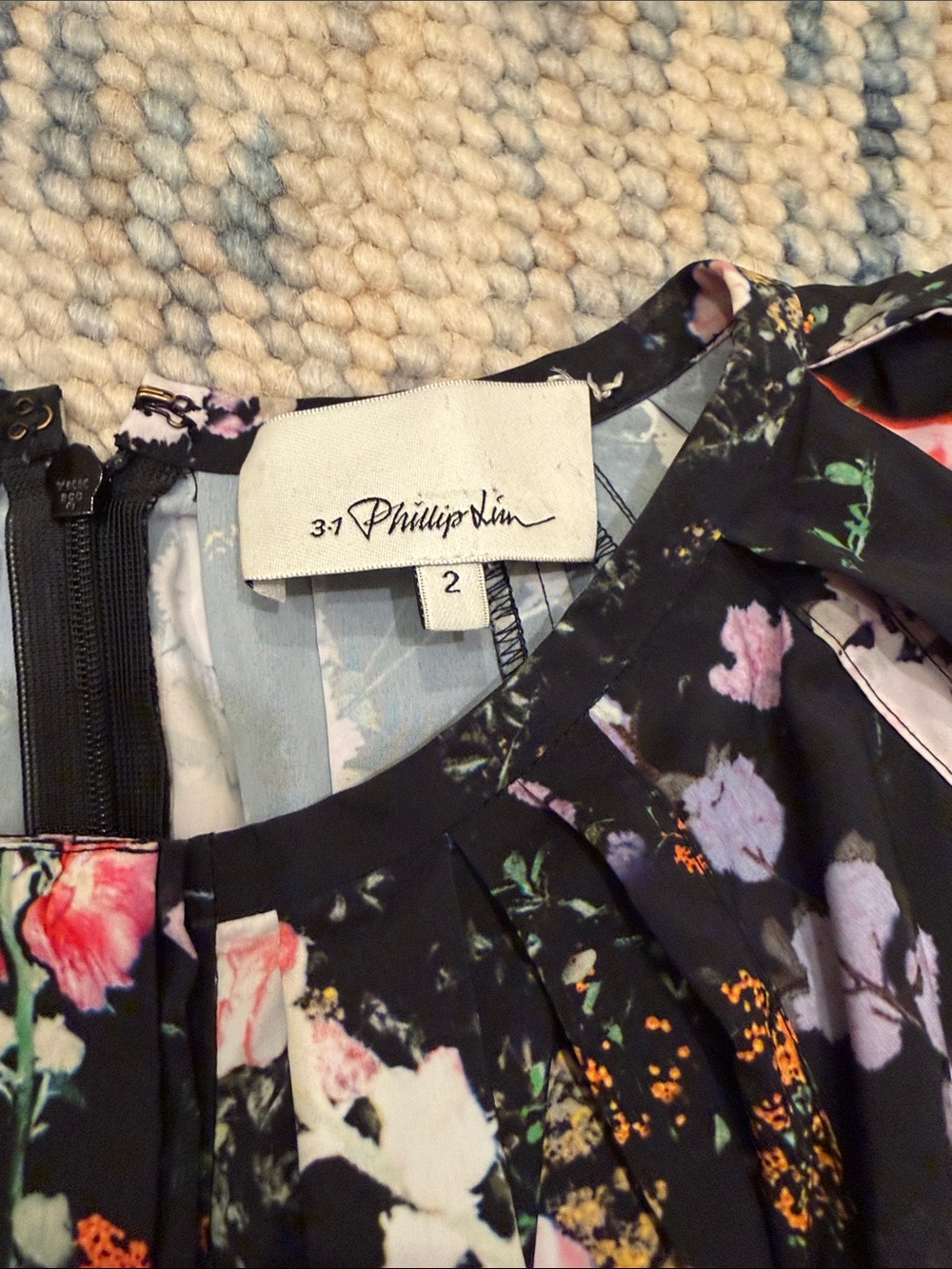 3.1 Phillip Lim Black Floral Pleated Dress with Pink & Green Accents - Picture 2 of 11